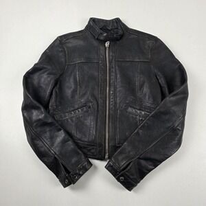 VTG Y2K Gap Jacket Womens Medium Black Leather Moto Biker Full Zip Buckle Collar